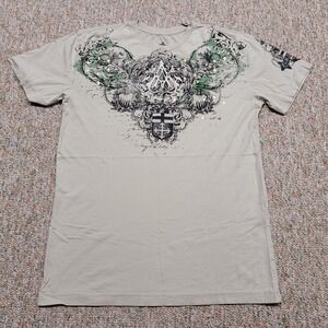 Archaic Shirt Mens Large Beige Short Sleeve Grunge Cross Floral Biker Affliction
